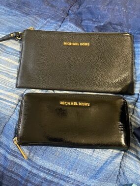 Michael Kors Black Leather Wristlet and Glossy Black Zip Wallet